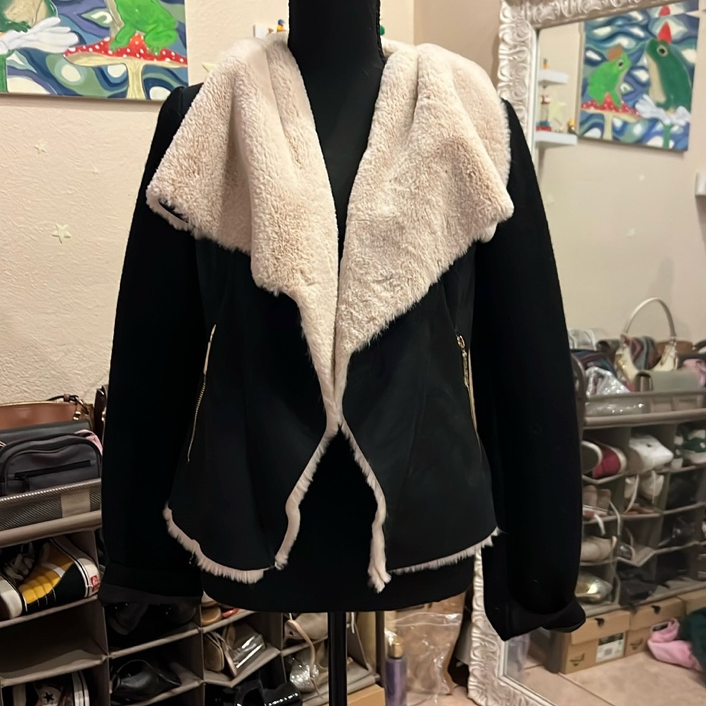 Betsey Johnson Black and Faux Fur Collar Jacket